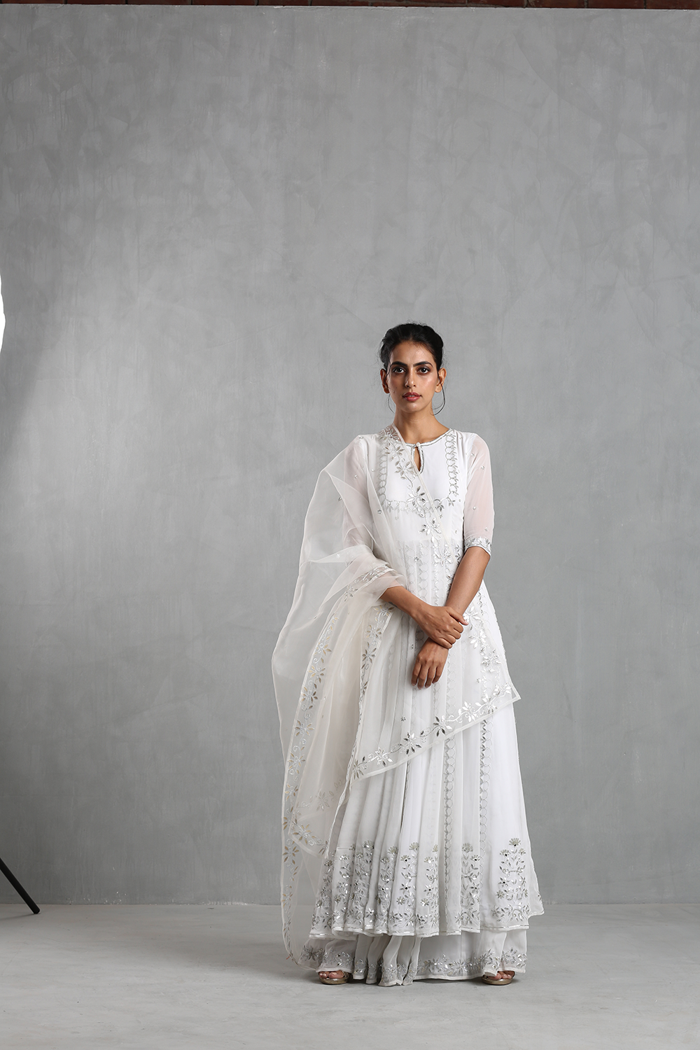 White Embellished Anarkali And Sharara Set - The Grand Trunk