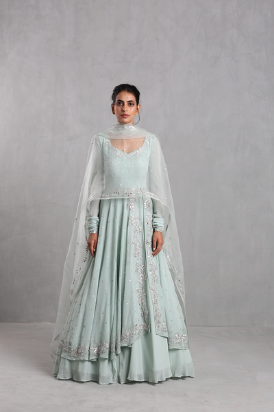 Ice Blue Embellished Anarkali Skirt Set - The Grand Trunk