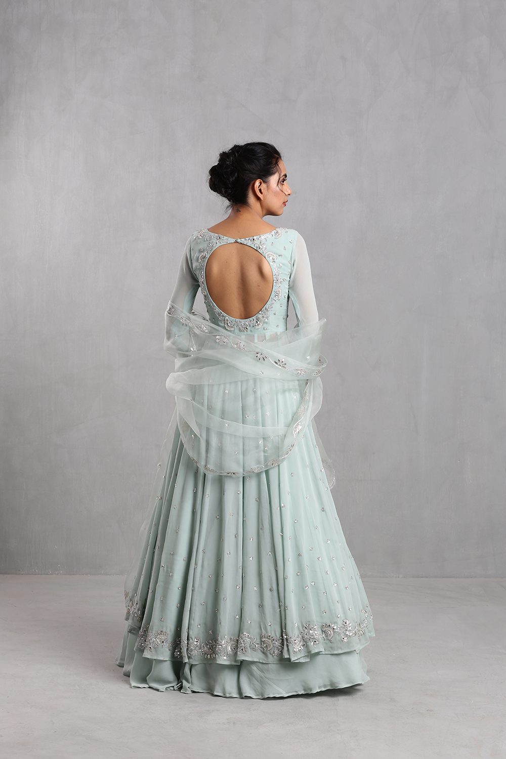 Ice Blue Embellished Anarkali Skirt Set - The Grand Trunk