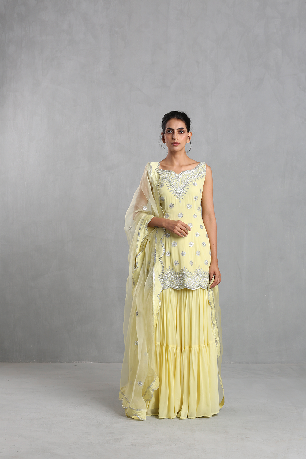Lemon Yellow Embroidered Sharara Set - The Grand Trunk
