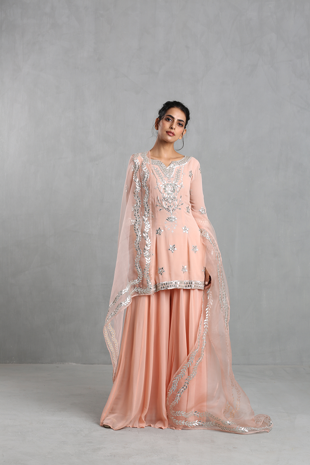 Peach Pink Embroidered  Sharara Set - The Grand Trunk