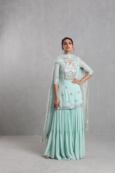 Esha Koul Aqua blue Embroidered Sharara Set - The Grand Trunk
