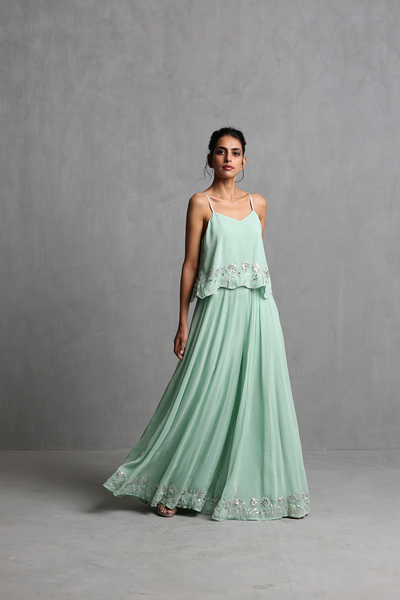 Mint green Spaghetti Crop Top & Plazzo Set - The Grand Trunk