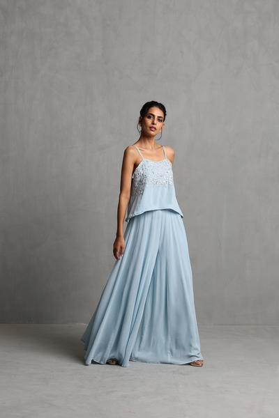 Sky Blue Off Shoulder Crop Top & Plazzo Set - The Grand Trunk