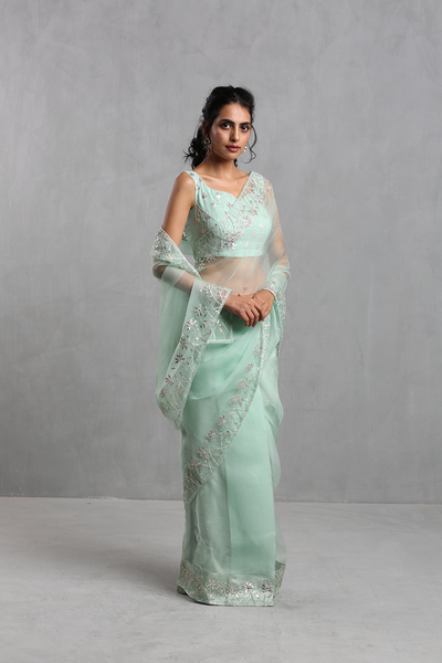 Ice Blue Gota Work Organza Draped Sari - The Grand Trunk