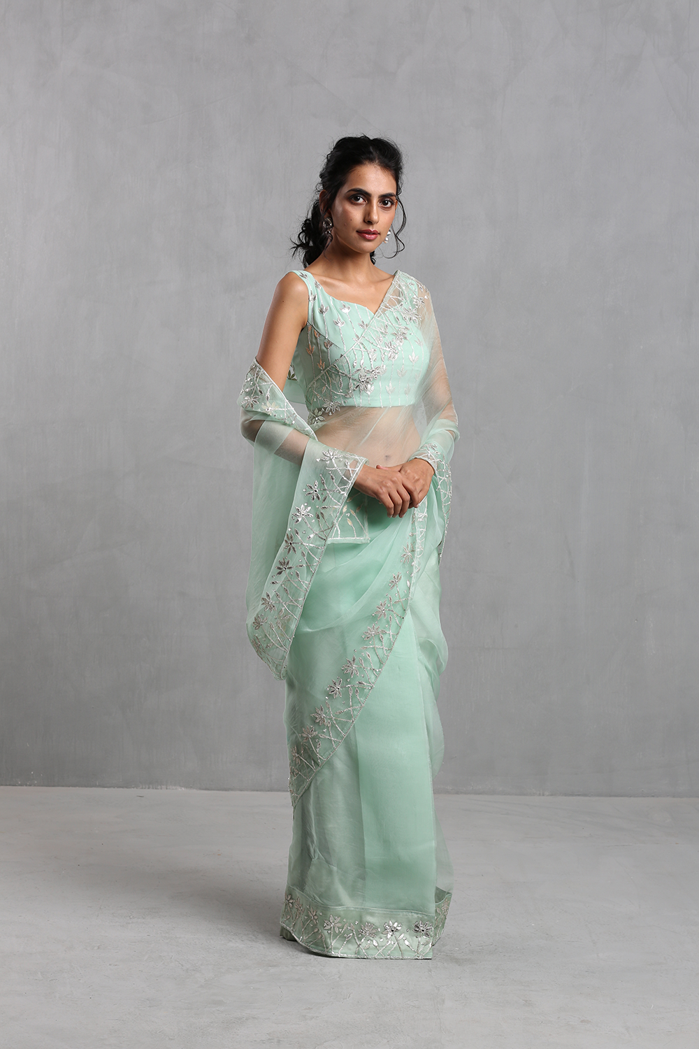 Ice Blue Gota Work Organza Draped Sari - The Grand Trunk