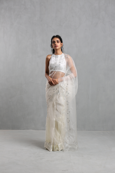 Ivory  Gota Work Organza Draped Sari - The Grand Trunk
